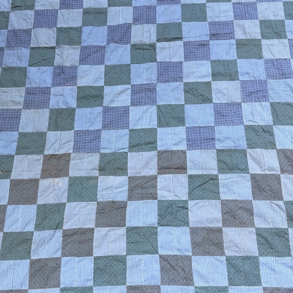 1.a.a.9 Vtg Patchwork Quilt Top 66x91 Twin Full Size Green Plaid Primitive
